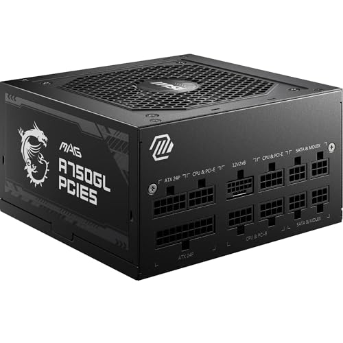 MSI MAG A750GL PCIE5 Bloc d'alimentation, 750 W, 80 Plus Gold, entièrement modulaire, ATX 3.0, Support GPU PCIe 5.0, câbles Plats Noirs, Garantie 7 Ans