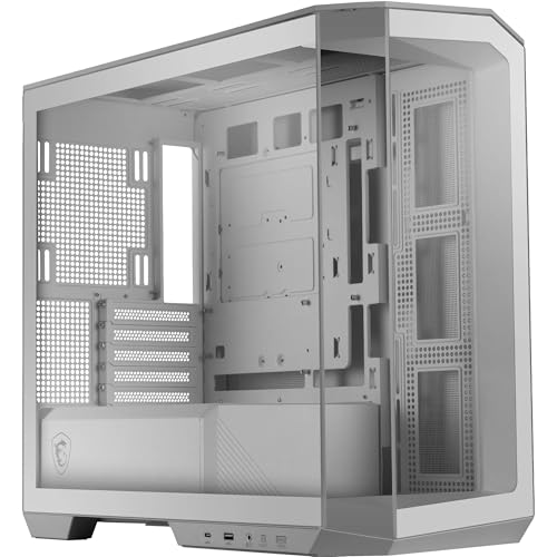 MSI MAG PANO M100L PZ White Boîtier PC Micro-ATX, Support pour Carte Graphique, Niveau à Bulle, filtres à poussière, Espace de 33mm pour Le Passage des câbles, USB-C (20 GB s), livré sans Ventilateur