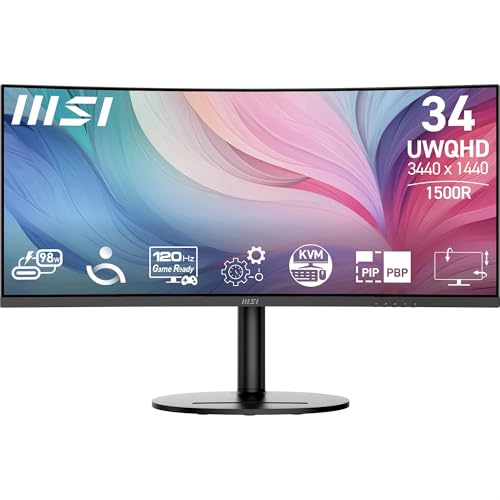 MSI Modern MD342CQP Écran PC 34'' UWQHD incurvé 1500R - Dalle VA 3440 x 1440, 120 Hz, 1ms, KVM, PIP PBP, Confort des Yeux, Haut-parleurs intégrés, réglable sur 3 Axes - HDMI 2.0b, DP 1.4a