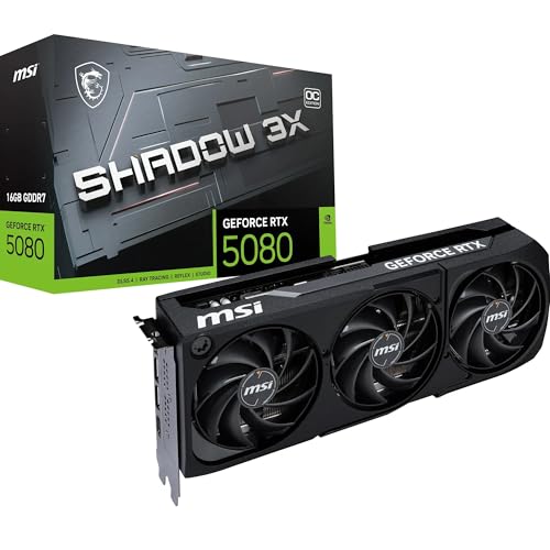 MSI NVIDIA GeForce RTX 5080 16G Shadow 3X OC Carte Graphique -16 Go GDDR7 (30 Gb s 256 Bits), PCIe 5.0, Triple Ventilateur (3X Ventilateurs TORX 5.0) - HDMI 2.1b x 1, DisplayPort 2.1b, SFF Ready