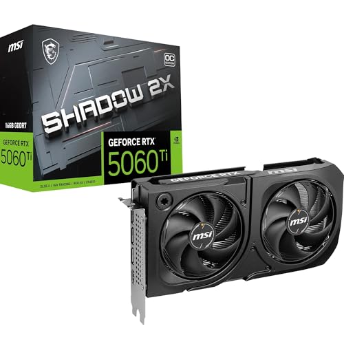 MSI NVIDIA GeForce RTX 5060 Ti 16G Shadow 2X OC Plus Carte Graphique - 16 Go GDDR7 (28 GB s 192 Bits), PCIe 5.0 - Double Ventilateur (2X Ventilateurs STORMFORCE), HDMI 2.1b, DisplayPort 2.1b