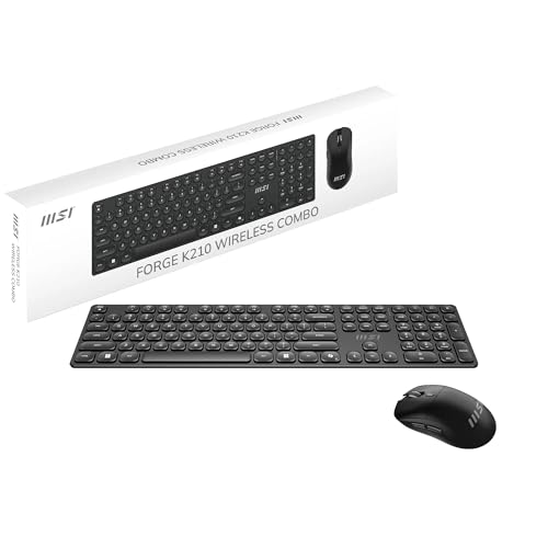 MSI FORGE K210 WIRELESS COMBO FR Ensemble Clavier Souris sans fil bureautique - AZERTY, layout français, Scissor Switches, Low-Profile, 2,4 GHz,120 h, rechargeable, USB 2.0 - Souris optique 1600 DPI