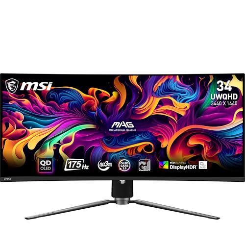 MSI MAG 341CQPA QD-OLED Écran Gaming incurvé 34'' UWQHD - 1800R, Dalle Quantum Dot OLED 3440 x 1440, 175 Hz 0.03 ms, 99 DCI-P3, ΔE≤2, DisplayHDR True Black 400, KVM - DP 1.4a, HDMI 2.1, USB Type-C
