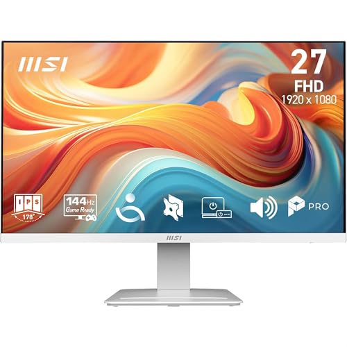 MSI Pro MP273WA E14A Écran bureautique 27'' FHD, IPS 1920 x 1080, 144 Hz, 1 ms, Adaptive-Sync, Eye Care, H-P intégrés, HDMI 2.0, DP 1.2, sans Bordure, Inclinaison réglable, Compatible VESA, Blanc