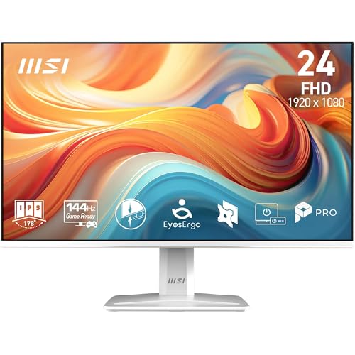 MSI Pro MP243W E14A Écran bureautique 24'' FHD, IPS 1920 x 1080, 144 Hz, 1 ms, Adaptive-Sync, Eye Care, H-P intégrés, HDMI 1.4b, DP 1.2, sans Bordure, Inclinaison réglable, Compatible VESA, Blanc