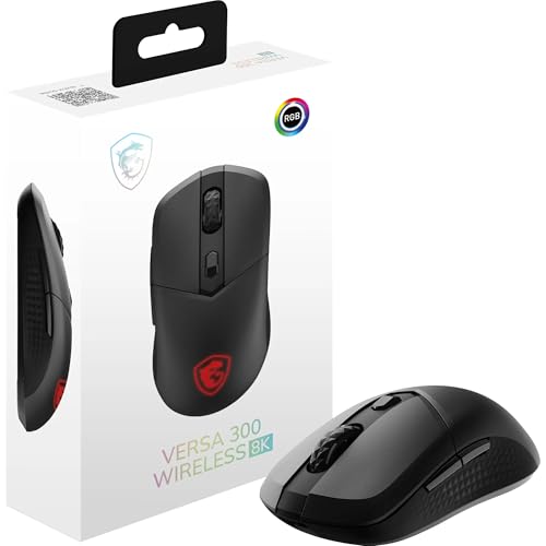 MSI Versa 300 Wireless 8K Souris Gaming - Optique 26000 DPI, taux d'interrogation 8000 Hz, symétrique, Micro-switches Omron 60M clics, 6 Boutons, Batterie 196h, 0,125 ms, RGB, 66g - avec sans Fil