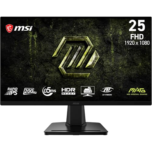 MSI MAG 256FA E20 Écran Gaming 24,5 Pouces FHD - Dalle Rapid IPS 1920 x 1080, 200 Hz, 0,5 ms, HDR Ready, Adaptive-Sync, Eye Care, AI Vision, HDMI 2.0b, DP 1.2a, sans Cadre, Compatible Vesa, Noir