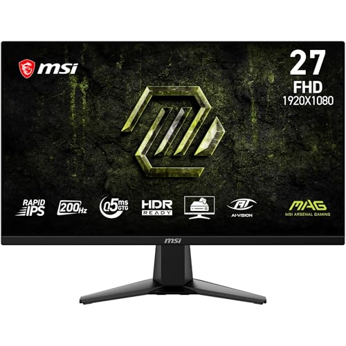 MSI MAG 275FA E20 Écran Gaming 27'' FHD - Dalle Rapid IPS 1920 x 1080, 200 Hz 0,5 ms (GtG), HDR Ready, Adaptive Sync, HDMI™ 2.0b, DP 1.2a, Design sans Bordure, Compatible VESA, Noir