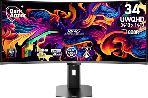 MSI, MPG 341CQRDE X36 34 UWQHD 3440 x 1440 (1800R) Moniteur de Jeu QD-OLED 5ème génération 360 Hz 0,03 ms Adaptive-Sync KVM HDMI 2.1 DP 2.1 USB C (98 W PD) AI Vision Noir