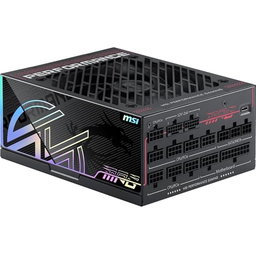MSI MEG Ai1300TS PCIE5 Bloc d'alimentation, GPU Safeguard , MOSFETs SiC, Mode Zero Fan avec Fan Safeguard, 1300W, Certifiée 80 Plus Titanium, Deux câbles 12V-2x6 natifs à connectecteur Bicolore