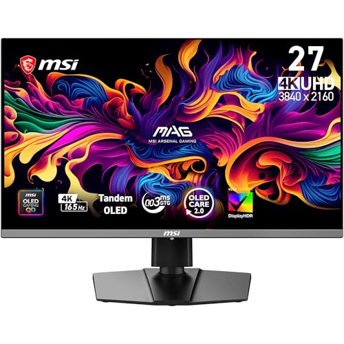 msi MAG 272UP QD-OLED E16 Écran 27 4K UHD avec Technologie Tandem QD-OLED (3840 × 2160), 165 Hz, 0,03 ms, Certification DisplayHDR True Black 400, G-Sync, HDMI 2.1, DisplayPort 1.4a