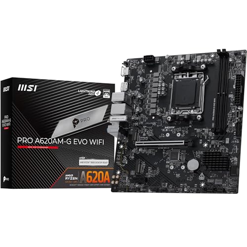 MSI Pro A620AM-G Evo WiFi Carte mère, Micro-ATX, pour processeurs AMD Ryzen 9000, 8000 7000, AM5 – DDR5 Memory Boost (7200 MHz OC), 1 x PCIe 4.0 x16, 2 x M.2 Gen4, Wi-FI 6E