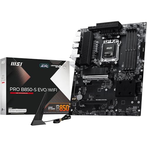 MSI Pro B850-S Evo WiFi Carte mère, ATX - pour processeurs AMD Ryzen 9000 8000 7000, AM5 - DDR5 Memory Boost (OC jusqu'à 8200 MT s), PCIe 5.0 x16 et 4.0 x4, M.2 Gen5, Wi-FI 7, 5G LAN