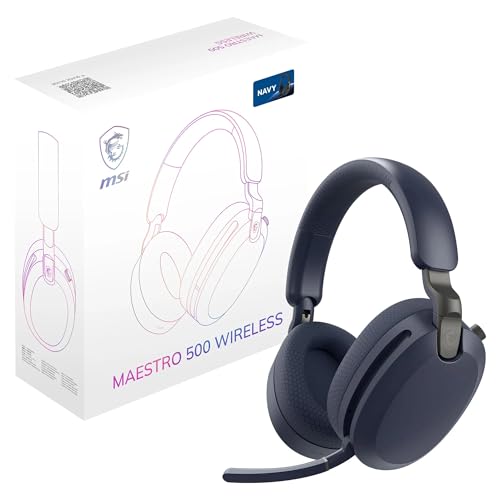 MSI Maestro 500 Wireless Navy Casque sans Fil, réduction Active du Bruit, Connexion 2,4 GHz, Bluetooth 5.4 ou Jack 3,5 mm, H-P de 40 mm, Micro rétractable « Flip-to-Mute », autonomie 90 Heures
