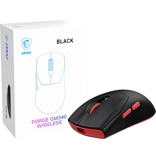 MSI Forge 340 Wireless Black Souris Gaming sans-Fil Filaire, 12000 DPI, taux d'interrogation de 1000 Hz, Design symétrique, 50 Millions de clics, 6 Boutons, autonomie de 82 Heures, Latence 1 ms, 57g