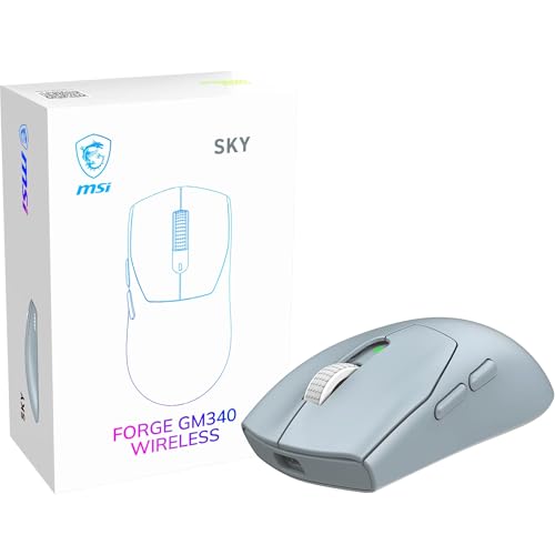 MSI Forge GM340 Wireless Sky Souris Gaming sans-Fil Filaire, 12000 DPI, taux d'interrogation de 1000 Hz, Design symétrique, 50 Millions de clics, 6 Boutons, autonomie de 82 Heures, Latence 1 ms, 57g