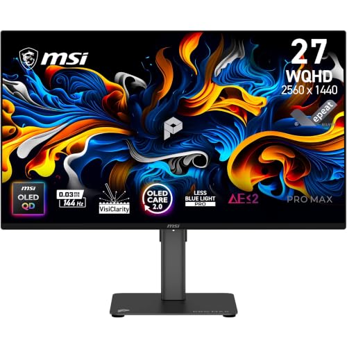 MSI Pro Max 271QPX14G Écran Professionnel 27 WQHD | Dalle QD-OLED 2560x1440, 144 Hz, 0,03ms, compatible VESA, HDMI, DisplayPort, USB-C, compatible G-SYNC et AMD FreeSync™