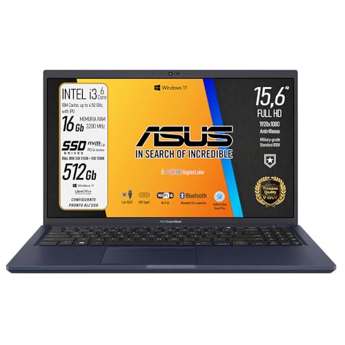 ASUS Expertbook, PC Portable, CPU Intel Core i3 13Th 6Core RAM 16 Go SSD PCIe Nvme 512 Go 15,6 FullHD anti-reflets, Wi-Fi 6, 4 USB, BT, LAN, Intel Uhd, Win 11, préconfiguré