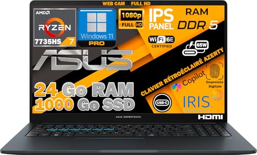 ASUS PC Portable Ordinateur 15,6 FHD IPS - Ryzen 7 7735HS, 24Go DDR5, SSD 1To NVMe, WiFi 6E, RJ45, Clavier FR AZERTY, Rétroéclairé, Empreinte Digitale, Windows 11 Pro, Prêt à l'emploi, Webcam FHD