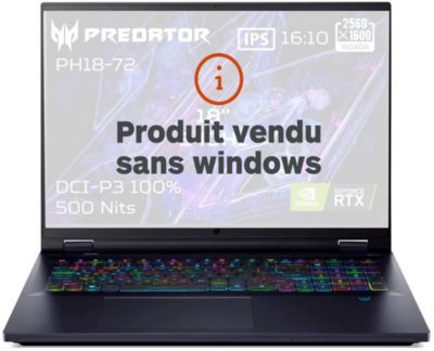 acer Portable Predator Helios 18 PH18-72-96SE Intel Core i9-14900HX 32GB DDRS5 1ToSSD NVIDIA GeForce RTX4080 18'' WQXGA IPS 240Hz (Mate) NO OS