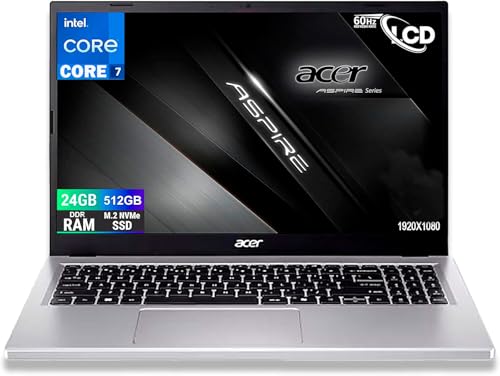Acer Ordinateur portable Aspire Silver Intel Core 7 150U jusqu'à 5,40 GHz, 10 cœurs, écran FullHD 15,6 , RAM 24 Go DDR4 5200 MHz, SSD PCIe NVMe 512 Go, Wi-Fi6, BT, 2 USB, 2 USB Type-C, Windows 11