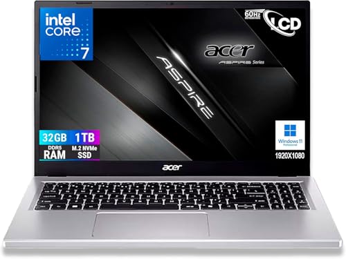 Acer Ordinateur portable Aspire Silver Intel Core i7-13620H 13Th Raptor Lake, 10Core, écran FullHD 15,6 , RAM 32 Go DDR5 5200 Mhz, SSD PCIe NVMe 1000 Go, Wi-Fi6, BT, 2 USB, 2 USB type-c, Windows 11