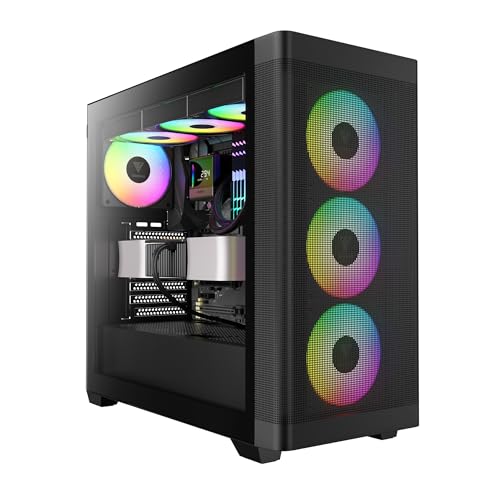 GAMDIAS Athena M3 Boîtier PC ATX Mid Tower, Maille d'aération Avant, 4 Ventilateurs PWM ARGB 120mm, Hub de Ventilateur 8 Ports, Support de radiateurs Double 360mm Gen 2 Type-C, Sync MB, Noir