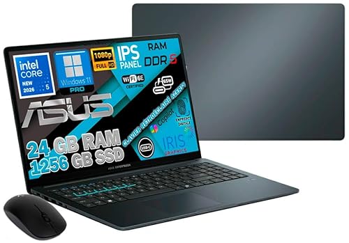 ASUS Ordinateur ExpertBook Portable Intel Core 5 120U 14 Gén 12 Cœurs, RAM 24Go DDR5, SSD 1256 Go, 15.6 FHD IPS, WiFi 6E, Webcam, Accès Biométrique, Clavier AZERTY Rétroéclairé, Win 11 Pro, IA, MOUSE