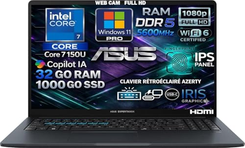 ASUS Ordinateur Portable Intel Core i7 14ᵉ Gén 5.4 GHz 10 Cœurs, RAM 32Go DDR5, SSD 1To, Écran 15.6 FHD IPS, WiFi6E, Copilot IA, CAM 1080p, Clavier AZERTY Rétroéclairé, Empreinte Digitale, Win 11 Pro