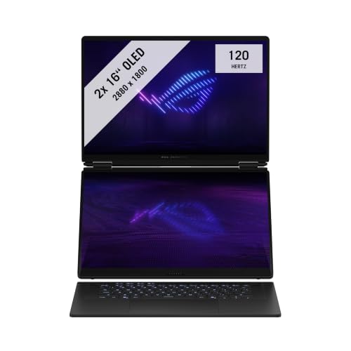 ROG Zephyrus Duo GX651AX-SR004W Ordinateur portable de jeu Ultra 9 386H RTX | 16 2,8K OLED 120Hz Touch | Intel Core Ultra 9 386H | 64Go RAM | 2To SSD | RTX 5090 | Win11 Home | QWERTZ | avec bloc