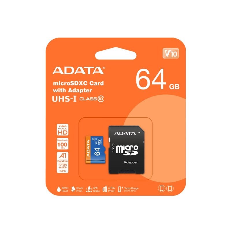 ADATA Carte mémoire ADATA 64GB microSDHC Class 10 UHS-I 85 Mo s 25 Mo s avec adaptateur