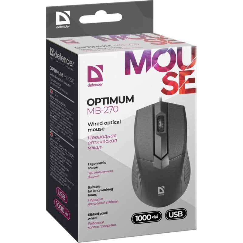 Defender Souris Defender Optimum MB-270 USB 1000 DPI Noire Ergonomique 3 Boutons