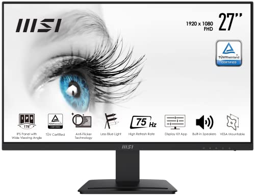 MSI Pro MP273 Écran Bureautique 27 FHD - Dalle IPS, 1920x1080, 75Hz, Confort Oculaire, Haut-Parleurs Intégrés, Display Kit, Inclinaison Réglable, Montable VESA - DisplayPort 1.2a, HDMI 1.4b