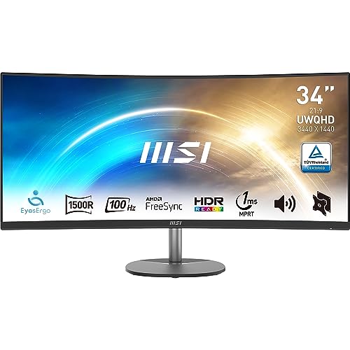 MSI Pro MP341CQ Écran Bureautique Incurvé 34 UWQHD - Dalle VA 1500R, 3440x1440, 100Hz, Confort Oculaire, sRGB 116 , HDR Ready, Haut-Parleurs Intégrés, Inclinaison Réglable - HDMI, DisplayPort