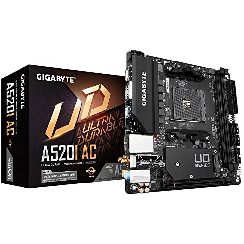 GIGABYTE A520I AC Carte Mère - Prend en Charge Les processeurs AMD Ryzen 5000 Series AM4, 6 Phases VRM numériques, jusqu'à 5300MHz DDR4 (OC), 1xPCIe 3.0 M.2, WiFi, GbE LAN, USB 3.2 Gen1