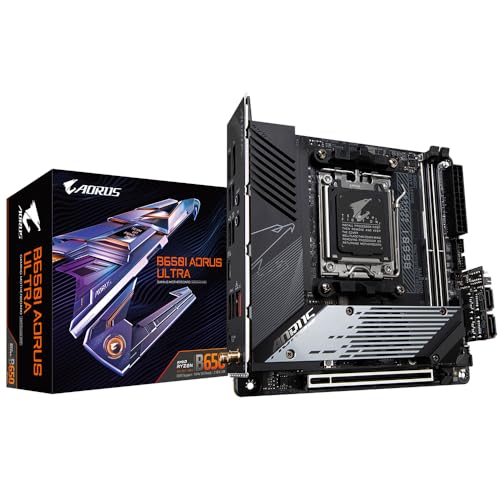 GIGABYTE B650I AORUS Ultra Carte Mère - Compatible avec Les processeurs AMD Ryzen 9000, VRM numérique 8 2 1, jusqu'à 7200MHz DDR5 (OC), 1x PCIe 5.0 2X PCIe 4.0 M.2, Wi-FI 6E, LAN 2.5GbE