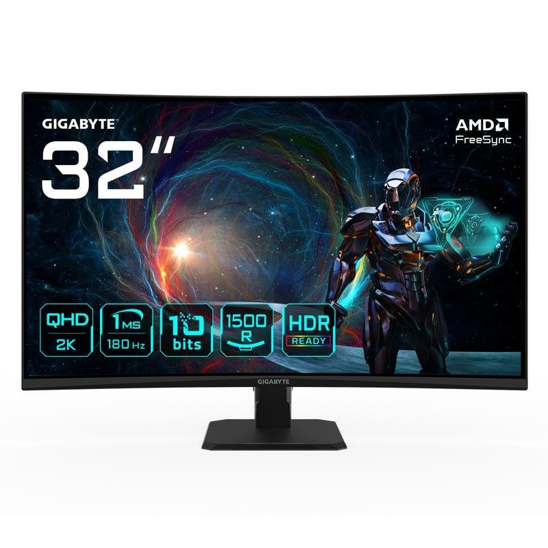 GIGABYTE GS32QCA 31,5 Moniteur Gaming Incurvé QHD - 2560 x 1440, 180Hz, 1ms, 250 CD m², FreeSync, HDR Ready, HDMI 2.0, DisplayPort 1.4