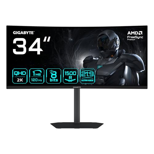 GIGABYTE GS34WQCA Écran Gaming Incurvé 34 WQHD – 3440 x 1440, 1500R, 120Hz, 1ms, 300 CD m², FreeSync Premium, HDR Ready, HDMI 2.0, DisplayPort 1.4