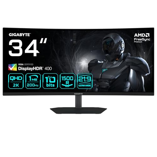 GIGABYTE G34WQC2 Moniteur Gaming Incurvé 34” WQHD - 3440 x 1440, 1500R, 200Hz, 1ms, 450 CD m², AMD FreeSync Premium, DisplayHDR 400, HDMI 2.0, Displayport 1.4