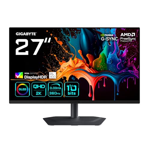 GIGABYTE MO27Q3 Moniteur Gaming OLED 27” QHD - 2560 x 1440, 360Hz, 0.03ms, 250 CD m², G-Sync Compatible, FreeSync Premium Pro, Display HDR True Black 400, HDMI 2.1, DisplayPort 1.4