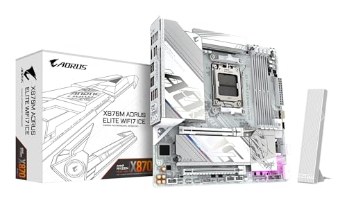 GIGABYTE X870M AORUS Elite WIFI7 Ice Carte Mère – Compatible avec processeurs AMD Ryzen 9000, VRM numérique 14 2 2 Phases, Jusqu’à 8200 Hz DDR5 (O.C), 1× PCIe 5.0 1× PCIe 4.0, Wi-FI 7, LAN 2.5 GbE