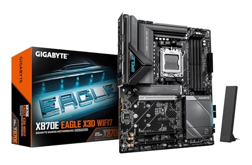 GIGABYTE X870E Eagle X3D WIFI7 Carte Mère – Compatible avec processeurs AMD Ryzen 9000, VRM numérique 14 2 2 Phases, Jusqu’à 9000 Hz DDR5 (OC), 1× PCIe 5.0 3× PCIe 4.0, Wi-FI 7, LAN 5 GbE, USB 4