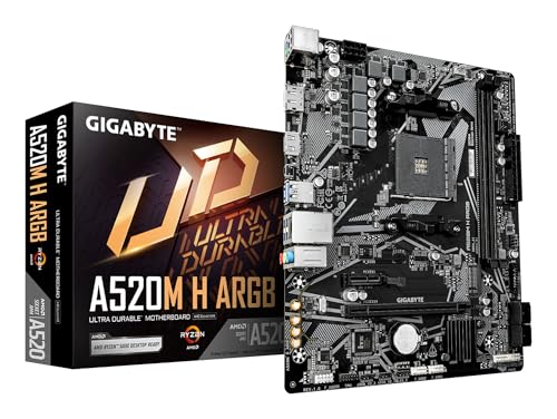 GIGABYTE A520M H ARGB Carte Mère – Compatible avec processeurs AMD Ryzen Série 5000, Jusqu’à 5100 MHz DDR4 (OC), M.2 PCIe 3.0 x4, LAN 1 GbE, USB 3.2 Gen 1