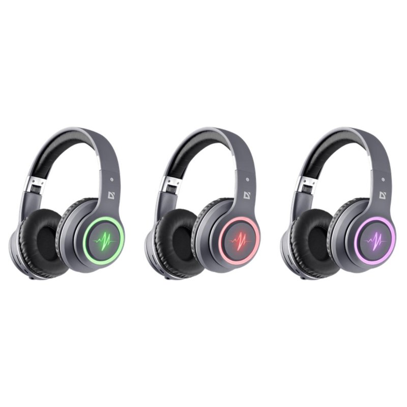 Defender Casque Defender FREEMOTION B571 LED sans fil et filaire Bluetooth pour appels, musique, sport, avec éclairage LED et réduction de bruit passive, Grey
