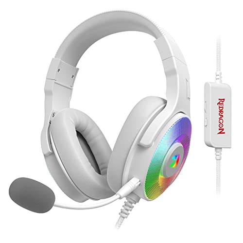 Redragon H350 Casque de Jeu Filaire, rétroéclairage RVB Dynamique - Son Surround stéréo - Pilotes 50 MM - Microphone détachable, Casque Supra-auriculaire Fonctionne (Blanc)