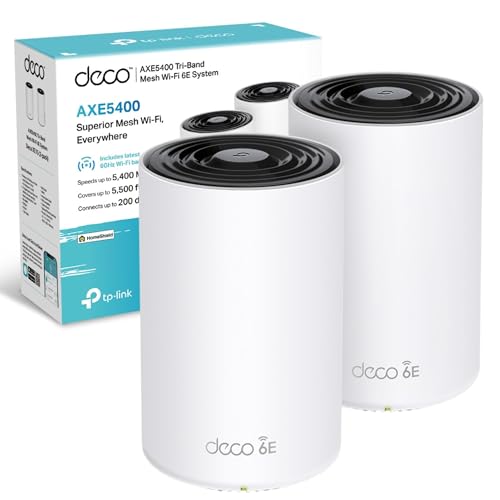TP-Link Deco XE75 AXE5400 Lot de 2 systèmes Wi-Fi 6E, Wi-Fi tri-bande, ports Gigabit, maille alimentée par l'IA, couvre jusqu'à 1,5 500 m², connexion jusqu'à 200 appareils, processeur quad-cœur 1,7