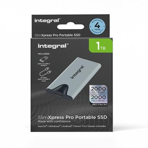 Integral SlimXpress Pro 1 to Disque Dur Externe SSD Portable USB-C, 2000 Mo s Lecture Écriture, USB 3.2 Gen 2x2, Design Compact, Plug Play, Compatible Mac, PC Windows, Android, Xbox, PlayStation