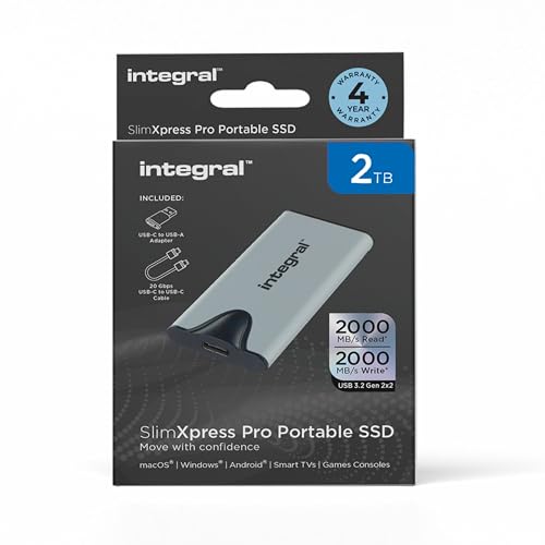 Integral SlimXpress Pro 2 to Disque Dur Externe SSD Portable USB-C, 2000 Mo s Lecture Écriture, USB 3.2 Gen 2x2, Design Compact, Plug Play, Compatible Mac, PC Windows, Android, Xbox, PlayStation