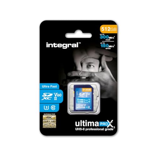 Integral Carte 512GB UHS-II SD V60 Jusqu'à 300MB s en Lecture et 150MB s en écriture Carte mémoire SDXC Professionnelle Haute Vitesse