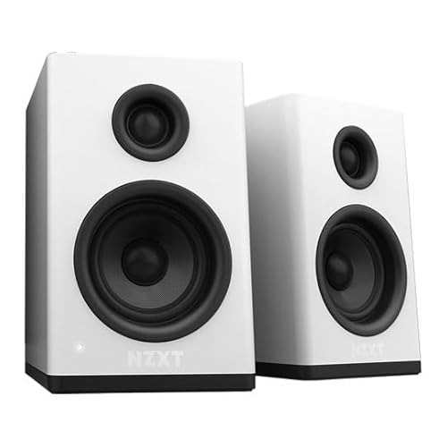 NZXT AP-SPKW2-UK Relais PC Gaming Enceintes de Bureau – Design de Style étagère – 80 W – Gamme Dynamique élevée – Tweeters à dôme en Soie – Woofers en Fibre de Verre MDF – Blanc